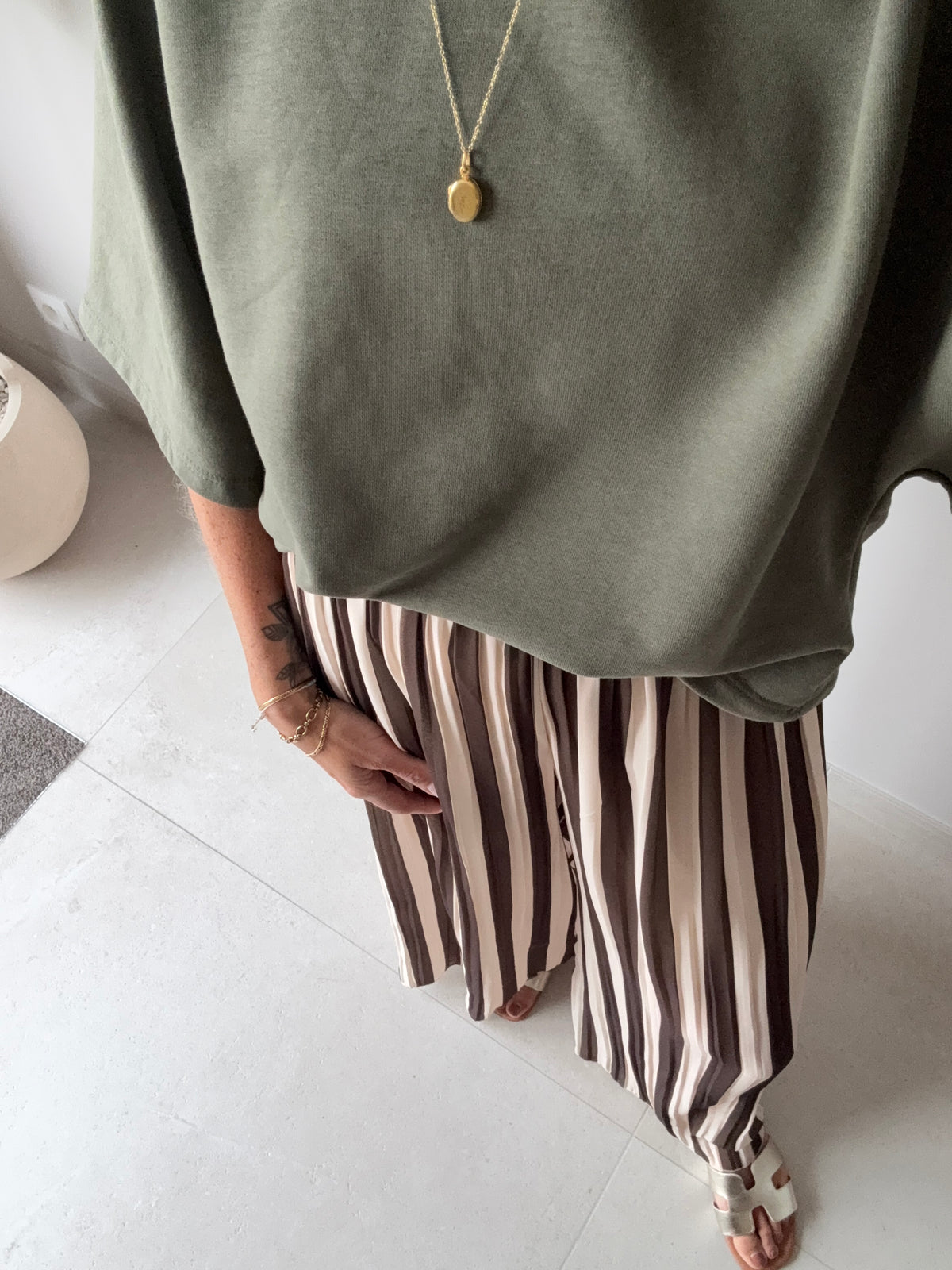 Romée Wide Pantalon Striped Ecru/Kaki